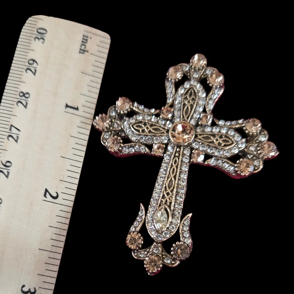 Elegant Silver and Gold Cross Rhinestone Brooch